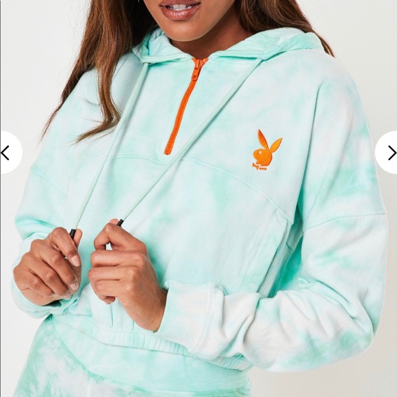 Playboy Mint Tie Dye Zip Through Cropped Hoodie - Picture 4 of 5